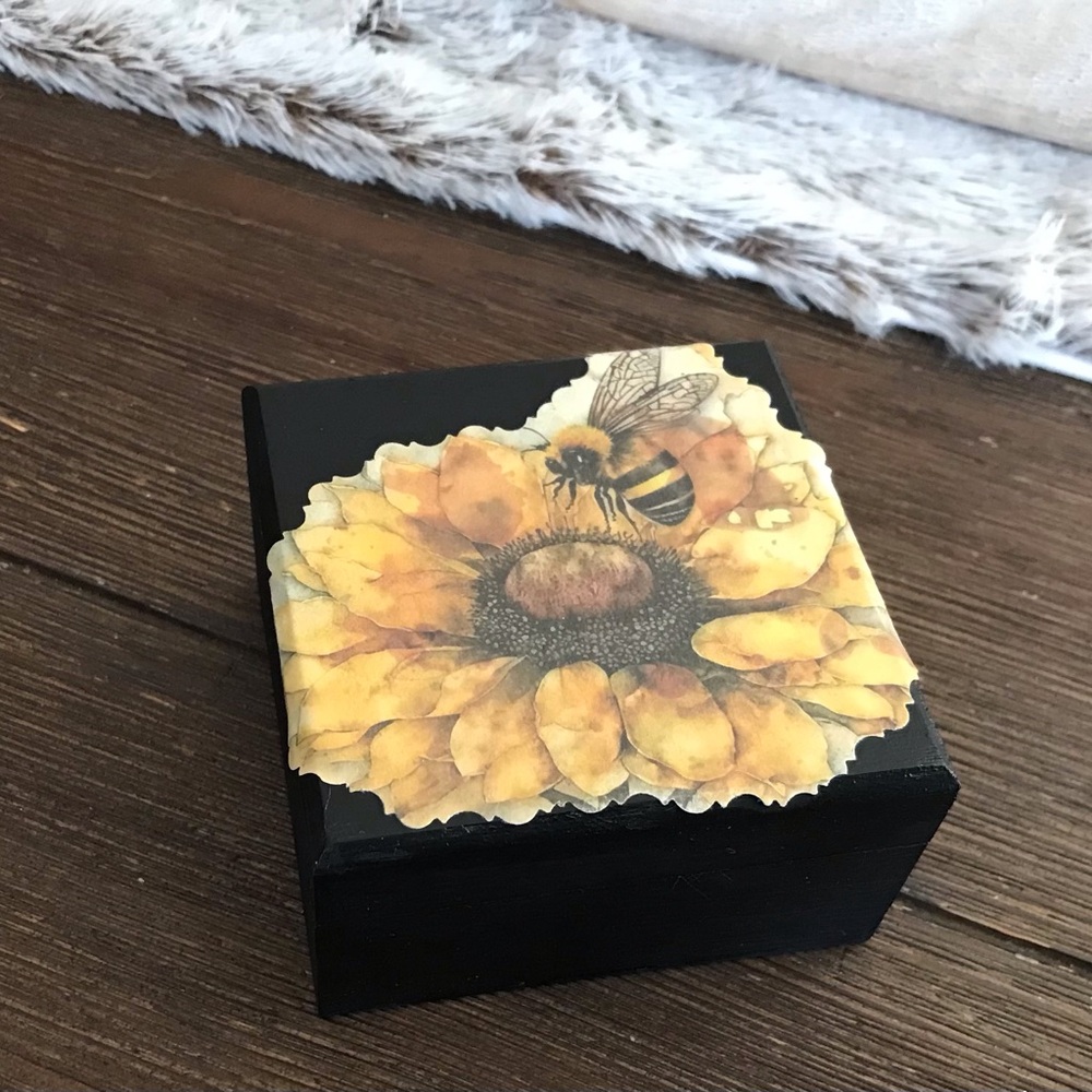 Hand crafted sunflower and bee wooden trinket box rustic keepsake box